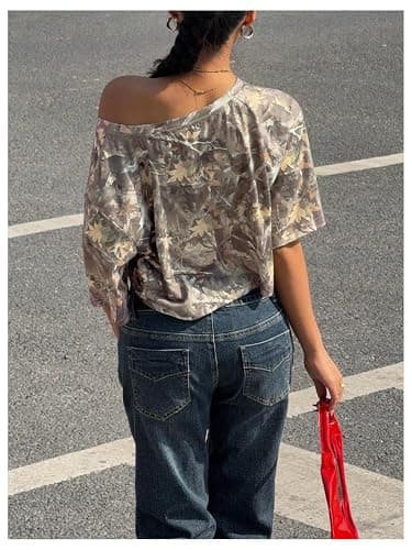 SOLY HUX Women's Y2k Camo T Shirt Off The Shoulder Half Sleeve Y2k Crop Tops Streetwear Summer T Shirt thumbnail 3