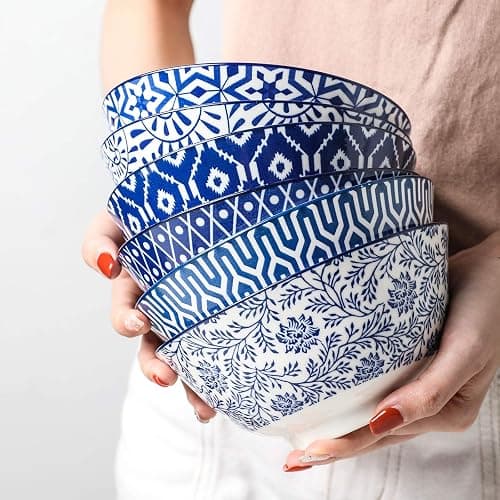 Selamica Blue and White Porcelain 20oz Cereal Bowl Set - Set of 6, 6 inch Soup Bowls, Ceramic bowls for Cereal, Soup, Salad and Pasta, Vintage Blue - Vintage Blue - 6 inches thumbnail 4