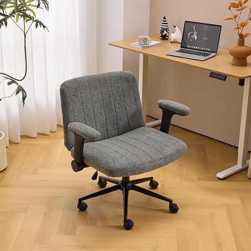 VINGLI Criss Cross Chair with Adjustable Flip-Up Arms,Cross Legged Chair with Wheels, Extra Wide Office Chair,Cozy Desk Chair for Home Office, Vanity, Apartment,Chenille Velvet,Grey - Image 1