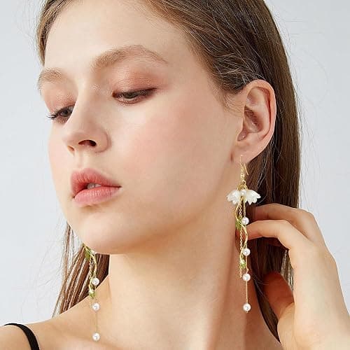Aishgjia Dangle Flower Leaf Earring White Fairy Flower Summer Dangling Long Tassel Earrings Lily Of The Valley Earrings Jewelry thumbnail 2