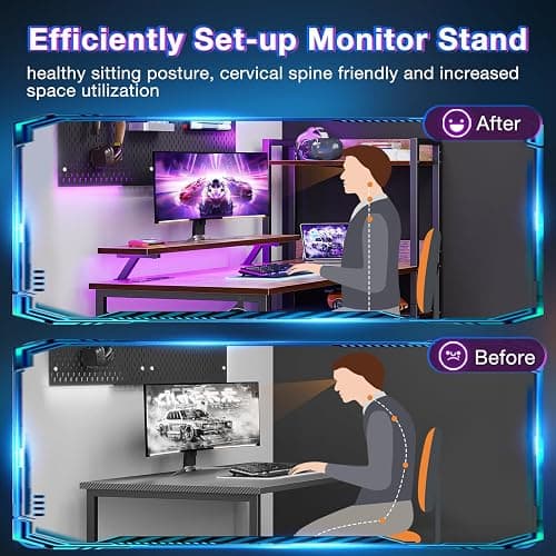 ODK Reversible Gaming Desk with Power Outlets and LED Lights, 48 Inch Computer Desk with Storage Shelves and Monitor Stand, Modern Writing Study Desk for Home Office, Rustic Brown thumbnail 8