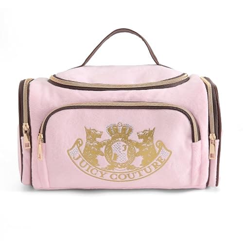Juicy Couture Pink Makeup Bag Cosmetics Organizer Travel Essentials Duffel Velour Gold Terrier Dog Rhinestone Crown - Image 1
