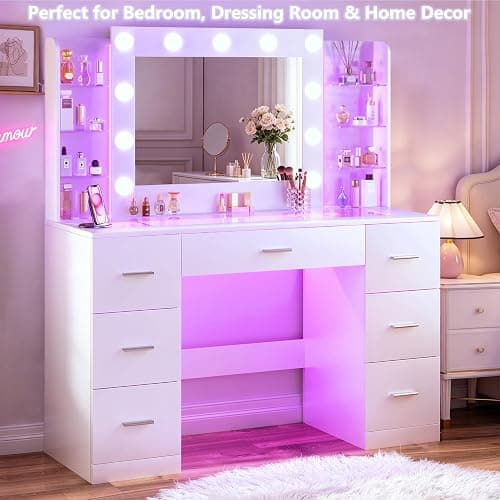 HUAHUU Vanity Desk with Mirror and Hollywood Lights, Makeup Vanity 6 Backlit Open Shelves with Frosted Panel & RGB Light, Transparent Top, Power Outlet, 7 Drawers & Storage Organizer for Bedroom thumbnail 7