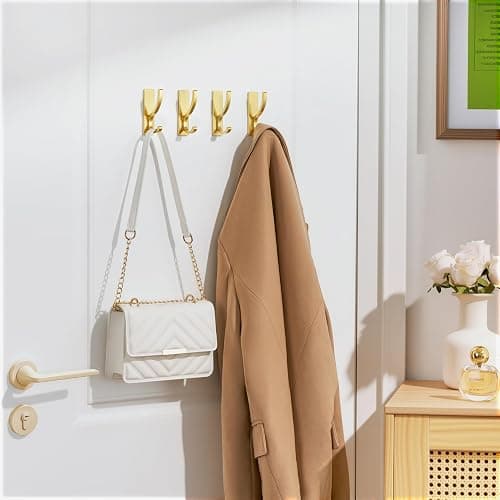 Adhesive Wall Hooks for Towels Coats - Stick On Hooks Hanging Heavy Duty (13lb), Metal Hook for Door, Bathroom, Dorm, Closet - Hanger for Purse, Bag, Robe,Backpack - No Damage to Wall - Gold 6 Pack thumbnail 6