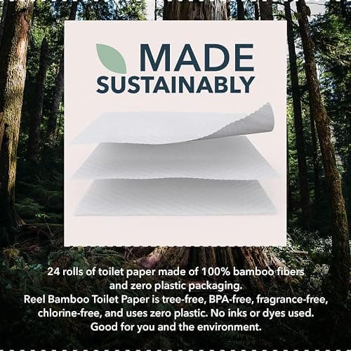 Reel Premium 3-Ply Bamboo Toilet Paper - 24 Rolls, 300 Sheets per Roll | Unbleached, Non-Toxic, Chemical & Bleach Free - Tree-Free, Septic Safe - Paper Towels with Zero Plastic Packaging thumbnail 4
