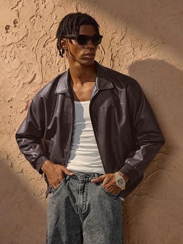 Verdusa Men's Leather Jacket Zip Up Collared Bomber Jackets with Pockets | Leather Jacket Men, Motorcycle Jacket, Zip Up Bomber Jacket, Concert Outfits, Streetwear Men thumbnail 5