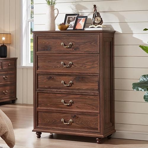 Joaxswe Farmhouse 5 Drawer Dresser for Bedroom, 45" Tall Rustic Chests of Drawers w/ 4 Solid Wood Feet, Mid Century Modern Wooden Closet Storage Dressers Organizer for Living Room, Hallway, Brown - Image 1