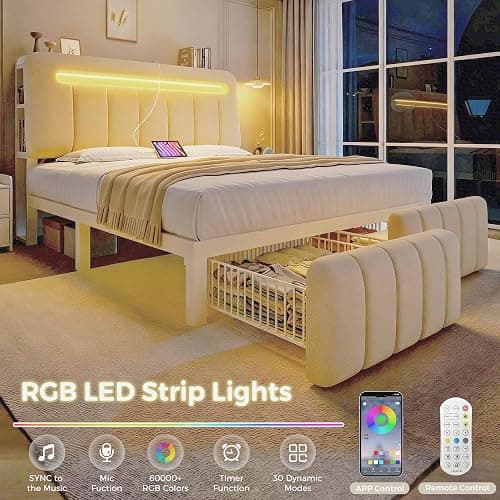 Jocoevol Full Size Bed Frame with Storage Headboard,Upholstered White Bed Frame Full with Storage Drawers and Charging Station,Velvet Platform Metal Bed, Noise-Free No Box Spring Needed thumbnail 6