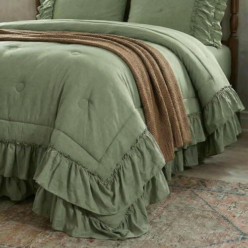 Bedding_Dreamer Sage Green King Size Comforter Set, 3-Piece Shabby Chic Ruffle Bedding, Soft Microfiber Boho Farmhouse Comforter for All Seasons thumbnail 5