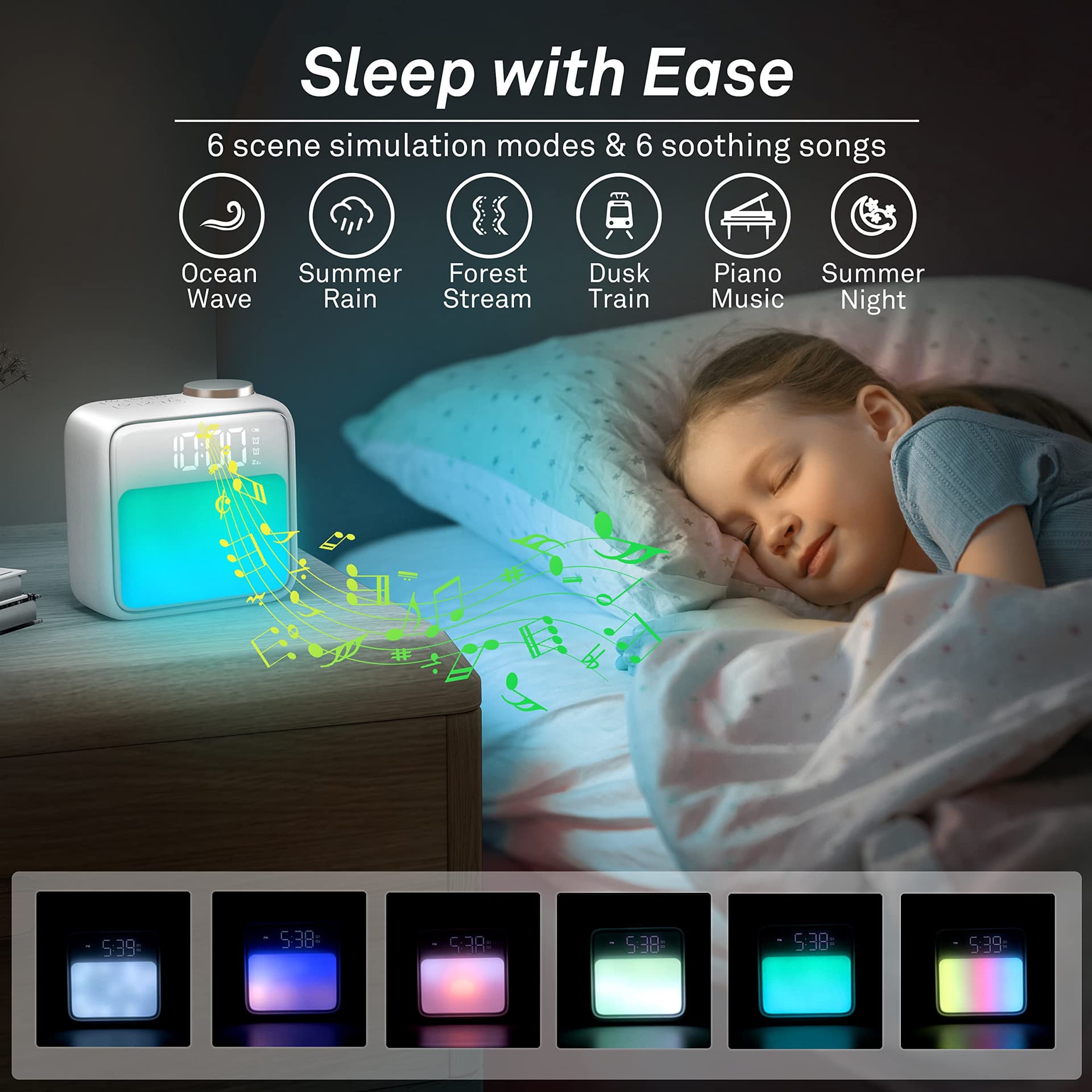 AIRIVO Alarm Clock Night Lights, Built-in Battery Alarm Clock for Bedrooms, 6 Scenes & White Noise Sync, Dual Alarms & Snooze, for Heavy Sleepers, Gifts for Kids Teens - Beige thumbnail 3