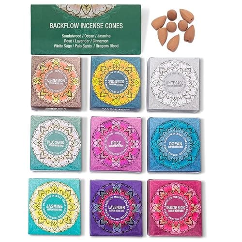 Set of 9 Backflow Incense Cones Gift Variety Pack - White Sage, Dragons Blood, Palo Santo, Jasmine, Lavender, Ocean, Sandalwood, Cinnamon, Rose for Waterfall Aromatic Smoke Fountain Haze Falls thumbnail 3