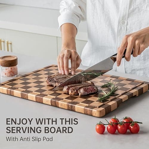 THETCHRY Cutting Boards for Kitchen, Design in USA Large Acacia Wood Chopping Board, Checkered Cutting Board with Juice Grooves & Handles, Butcher Block Serving Tray with Gift Box 16.5" x 11.6" x 0.8" thumbnail 6
