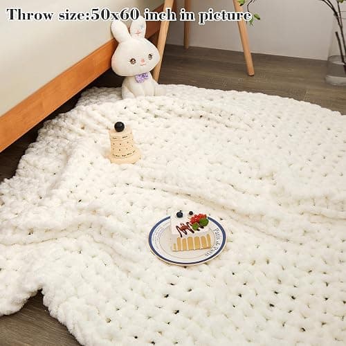 Mooreeke Chunky Knit Blanket 40"x50" White Cream Soft Washable Chenille Throw Blanket Cozy 100% Handmade Crochet Blankets with Jumbo Chenille Yarn for Couch Bed Sofa Room Decor thumbnail 7