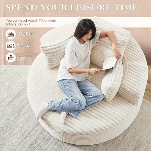 Oversized Round Chaise Longue Chair Indoor, Modern 55-inch Upholstered Corduroy Deep Seat Circle Single Cloud Lounge Floor Sofa Chair for Living Room, Bedroom Apartment, Beige thumbnail 3