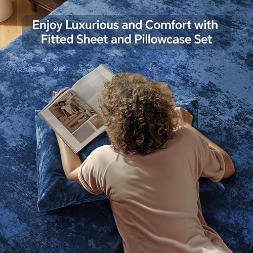 BEDELITE Velvet Fitted Sheet and Pillowcases Set, Luxury Soft Fuzzy Bottom Sheet with Reinforced Elastic Corner Straps, Deep Pocket up to 15 Inch, 1 Fitted Sheet and 2 Pillowcases (Full, Navy Blue) thumbnail 3