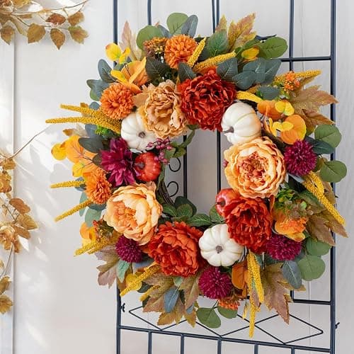 24 Inch Fall Wreaths for Front Door with Orange Peony and Burgundy Dahlias | Artificial Silk Autumn Wreath with Realistic White Pumpkin,Rustic Farmhouse Thanksgiving Halloween Decorations for Porch Wall thumbnail 2