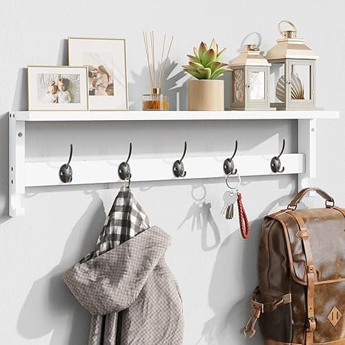 AMBIRD Coat Rack Wall Mount with Shelf, 28.9 Inches Coat Hooks Wall Mounted with 5 Hooks, Hat Wall Hooks for Hanging in Entryway, Living Room, Bathroom, Bedroom (White, 28.9 * 4.5 inches)
