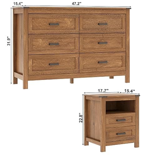EazeHome 3 Piece Bedroom Set - Includes 6 Drawer Dresser for Bedroom, Set of 2 Nightstands with Open Storage Shelf and Drawers, Retro Dresser and Nightstand Sets, Rustic Brown thumbnail 2