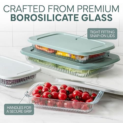 COOK WITH COLOR 8-Piece Deep Glass Baking Dish Set with Plastic Lids – Casserole and Food Storage Containers for Lasagna, Leftovers – Freezer-to-Oven, Microwave & Dishwasher Safe, Fluted Sage thumbnail 5