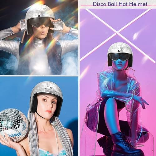 Kanayu 2 Pcs Disco Ball Helmet with Retractable Visor Glitter Mirror Glass Hat for Mardi Gras Easter Disco Ball Costume Cosplay Dj Club Novelty Favor Summer Decoration Party(Silver) thumbnail 4