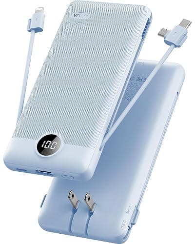 VRURC Portable Charger Built-in Cables and AC Wall Plug, USB C Power Bank 10000mAh, Travel Essentials Phone Charger Compact Lightweight External Battery Pack for Smart Phones, Tablets etc-Blue - Image 1