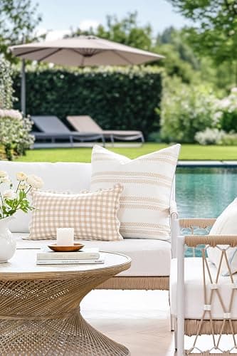 Hofdeco Premium Coastal Hampton Scalloped Patio Indoor Outdoor Lumbar Pillow Cover Only, 12"x20" Water Repellent for Backyard, Couch, Poolside, Neutral Tan Print Gingham thumbnail 2