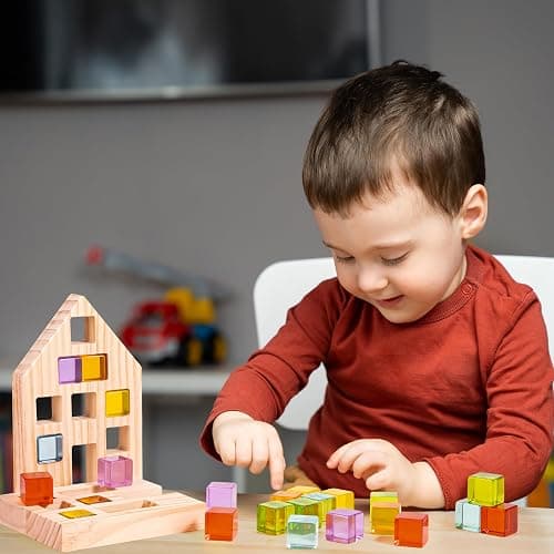 Woodtoe 24 PCS Rainbow Blocks Set, Wooden Building Blocks for Kids Ages 3-6 | Montessori Stacking Toy, Educational STEM Sensory Activity, Creative Building Game, 2 Wood House, Birthday Toy for Boys Girls thumbnail 2