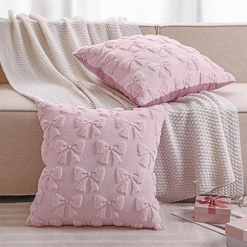 Mixweer Bow Pillow Covers Set of 2 Coquette Room Decor Cute Faux Fur Soft Bowknot Preppy Stuff Fluffy Plush Aesthetic Pillow Covers for Bed Sofa Couch, Fall Christmas Decor(20 x 20 Inch,Pink) thumbnail 2