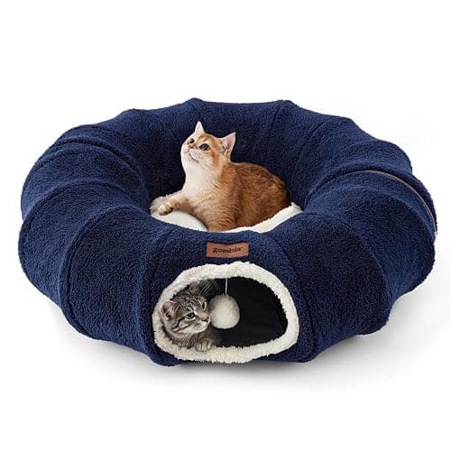 ZOMISIA Cat Tunnel Bed for Indoor Cats, Cute Cat Donut Toy Tunnel for Small Large Cats with Washable Circle Cushion, Peekaboo Pet Cave Play Tunnel for Kitten, Puppy, Navy Blue - Image 1