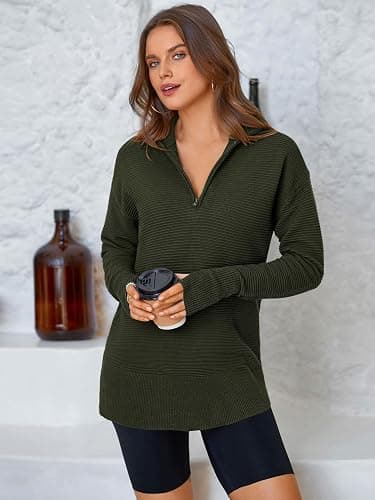 PRETTYGARDEN Womens Long Sleeve Quarter Zip Pullover Sweater Casual Loose V Neck Collared Ribbed Knit Jumper Tops Thumb Hole thumbnail 5