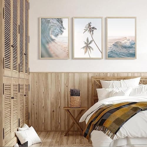 Beach Wall Art Pictures Coastal Canvas Wall Decor Ocean Waves Poster Blue Beach Scene Artwork Palm Tree Art Coastal Landscape Prints for Living Room Bedroom 12x16 Inch Framed Set of 3 thumbnail 3