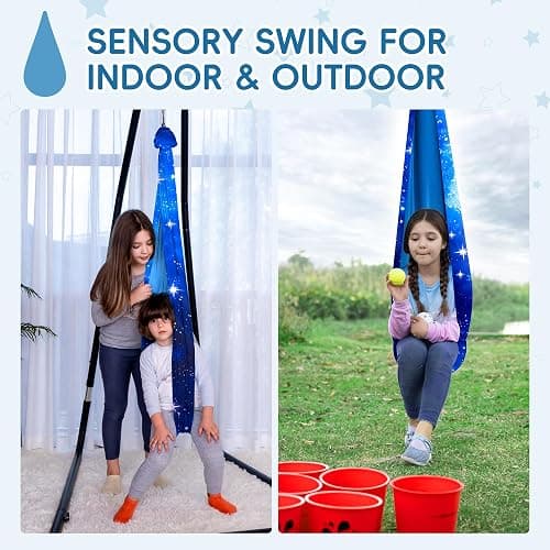 OUTREE Sensory Swing for Kids, Double Layer Therapy Hammock, Indoor Swing with 360° Swivel Hanger Kit and Adjustable Straps, Autism Sensory Product for Autism, ADHD (Blue Starry-Sky Printed) thumbnail 7