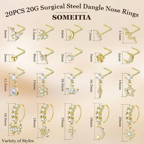 SOMEITIA 20PCS 20G Surgical Steel Dangle Nose Rings for Women L Shaped Nose Studs Dangling Nose Rings Hoops CZ Flower Butterfly Moon Nose Piercing Jewelry thumbnail 3