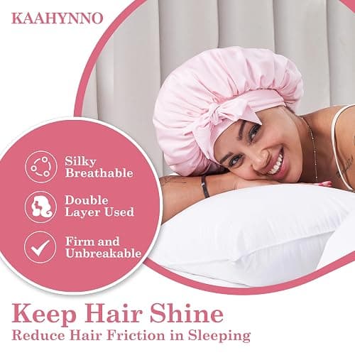 Tie Band Silk Satin Hair Bonnet for Sleeping Women Curly : Sleep Night Wrap Cap for Straight Wavy Coily Kinky Natural Hair Head - Pink thumbnail 2