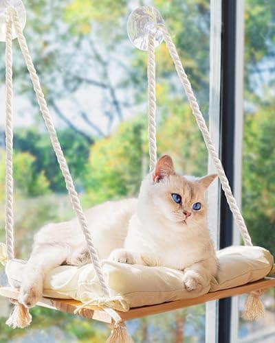 Cat Window Perch with Industrial-Grade Suction Cups - Solid Pine Wood Hammock Bed, Soft Cushion - 42 lb Capacity for Cats Inside - Image 1