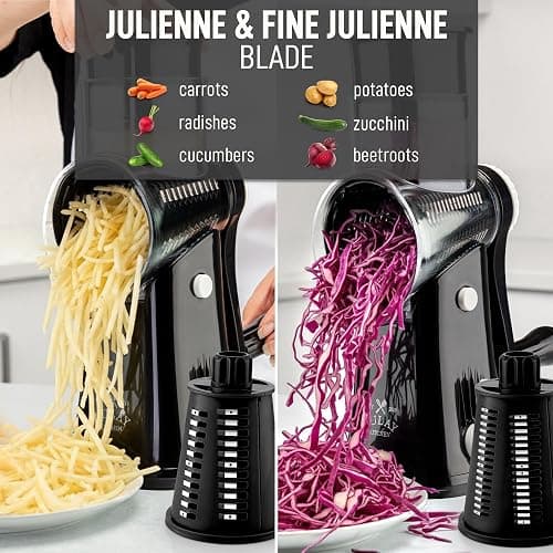 Zulay Kitchen Rotary Cheese Grater 5 Blade Cheese Shredder - Manual Hand Crank Cheese Grater With Reinforced Suction & 5 Interchangeable Drums - Easy to Use, Vegetable Chopper Round Mandoline Slicer thumbnail 6
