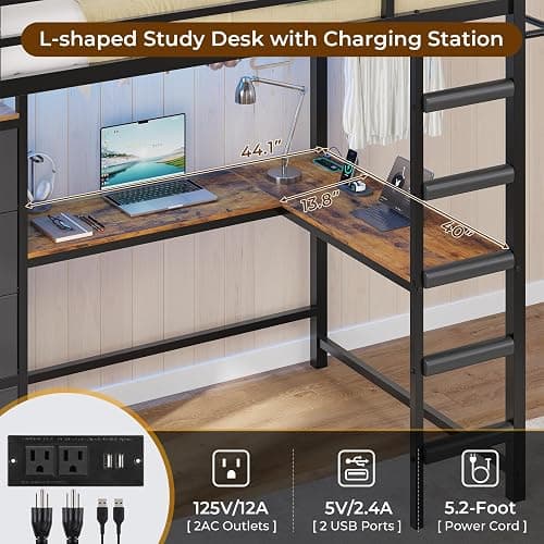 DICTAC Twin Loft Bed with L-Shaped Desk and 7 Storage Drawers,Metal Twin Size Loft Bed for Kids with LED Lights and Charging Station,13.11" H Safety Guardrail and Ladder,No Box Spring Needed, Black thumbnail 5