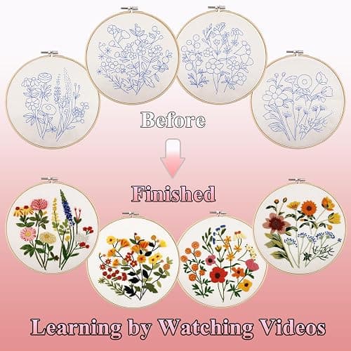 VIVIDOX 4 Sets Embroidery Kit for Beginners with Stitch Video, Flower Cross Stitch Kits for Adults, Starter, Hand Craft Lover Practice with Floral Stamped Pattern, 2 Hoops, 16 Needles, Scissors, Tools thumbnail 4