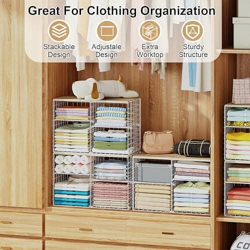 2 Pack Closet Shelf Organizer, Closet Organizers and Storage Shelves With Adjustable Dividers, Stackable Storage Bins Baskets For Clothes Sweaters Jeans Jackets, With Wooden Board, 8 Compartments thumbnail 4