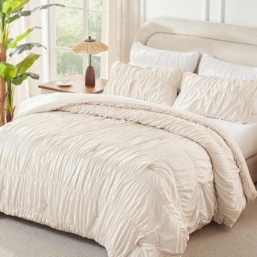 Andency Ruched Beige Full Size Comforter Sets, Shabby Chic Pleatd Bedding Sets 3 Pieces, Lightweight Soft Boho Ruffle Bed Set for Girls, Kids, Women, All Season thumbnail 2