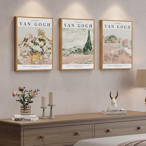 Framed Van Gogh Wall Art Set of 3, Neutral Beige and Soft Pink Canvas Prints, Vintage Landscape and Floral Paintings for Living Room Bedroom Dining Room Entryway Decor, 12x16 Inch thumbnail 4