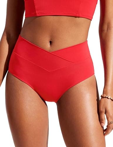 CRZ YOGA High Waisted V Cut Bikini Bottom for Women - Cross Front Bathing Swimsuit Full Coverage Swim Briefs - Image 1