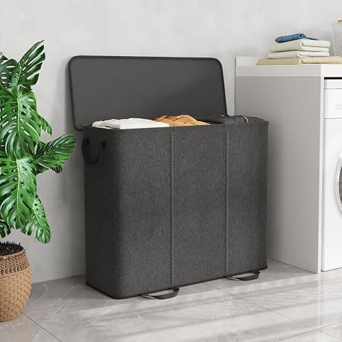 Lifewit Triple Laundry Hamper with Lid and Removable Laundry Bags, Large Collapsible 3 Dividers Dirty Clothes Basket with Handles for Bedroom Laundry Room Closet Bathroom College, 185L Black thumbnail 2