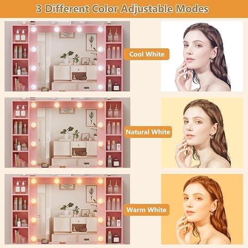 HUANLEGO Pink Vanity Desk with Mirror and Lights, Glass Top Vanity with Lighted Mirror & RGB Glass Cabinet and 3 Drawers, Makeup Vanity Desk with Lights Dressing Table for Bedroom, 3 Color Modes - Pink - 43.3x15.7x55.7 in thumbnail 5