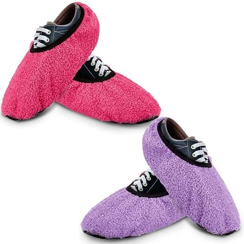 Zhanmai 2 Pairs Women Bowling Shoe Cover Fuzzy Non Slip Shoes Protector | Purple and Rose Red, Reusable Shoes Covers, Soft Protector for Sport Floor Protection Bowling Alley, Women Adults - Image 1
