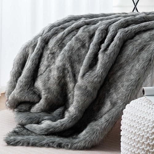 BATTILO HOME Silver Grey Faux Fur Throw Blanket for Couch, Bed, Fake Fur Blankets & Throws, Thick Warm Heavy Fluffy Fuzzy Elegant Furry Blanket Long Pile with Black Tips, 50"x60" thumbnail 9