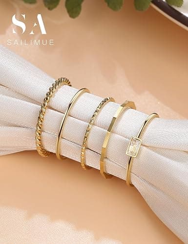 sailimue Gold Stackable Rings for Women Non Tarnish - 14K Gold Plated Waterproof Thin Band Ring Set - 1mm Minimalist Stainless Steel Silver Stacking Dainty Trendy Statement Thumb Rings Size 5-11 thumbnail 5