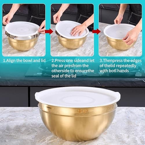 DINYWOW 4 Piece Gold Mixing Bowls With Lids for Kitchen, Stainless Steel Set Ideal for Baking, Prepping, Cooking and Serving Food, Nesting Metal Bowls for Space Saving Storage thumbnail 3