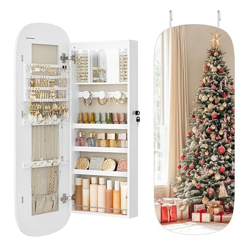 SONGMICS Jewelry Organizer, LED Jewelry Cabinet Wall/Door Mounted, Lockable Rounded Wide Mirror with Storage, Christmas Gift 3.9 x 16.5 x 42.5 Inches, White Surface with Greige Lining - Image 1