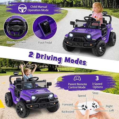 Costzon 12V Kids Ride on Car Truck w/Remote Control (Purple, 34"×23"×21") | Foldable Mirrors, 3 Speeds, LED Lights, Music & Horn, Battery Powered Electric  Vehicle for Toddlers, Ride on Toys thumbnail 4